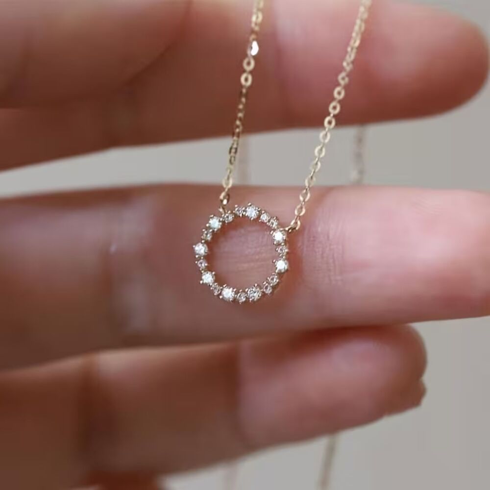 Classic Gold Circle Crystal Pendant Necklace Clear Rhinestone Slide Charm Elegnt